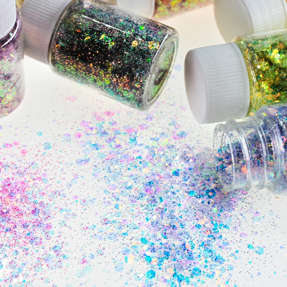 1Bottle(Net-10g) Aurora Mermaid Glitter Shiny Sparkly Hexagon Spangle Paillette Fairy Eyes Flake Sequins Manicure Pigment Powder