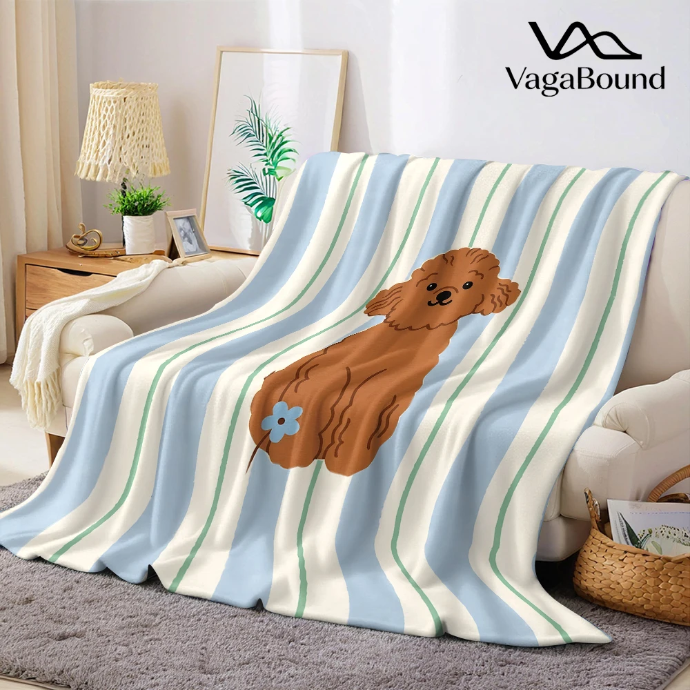 Blue Stripes Brown Poodle Flannel Fleece Throw Blanket for Couch Sofa Lightweight Cozy Plush Blanket for Travel Office Nap