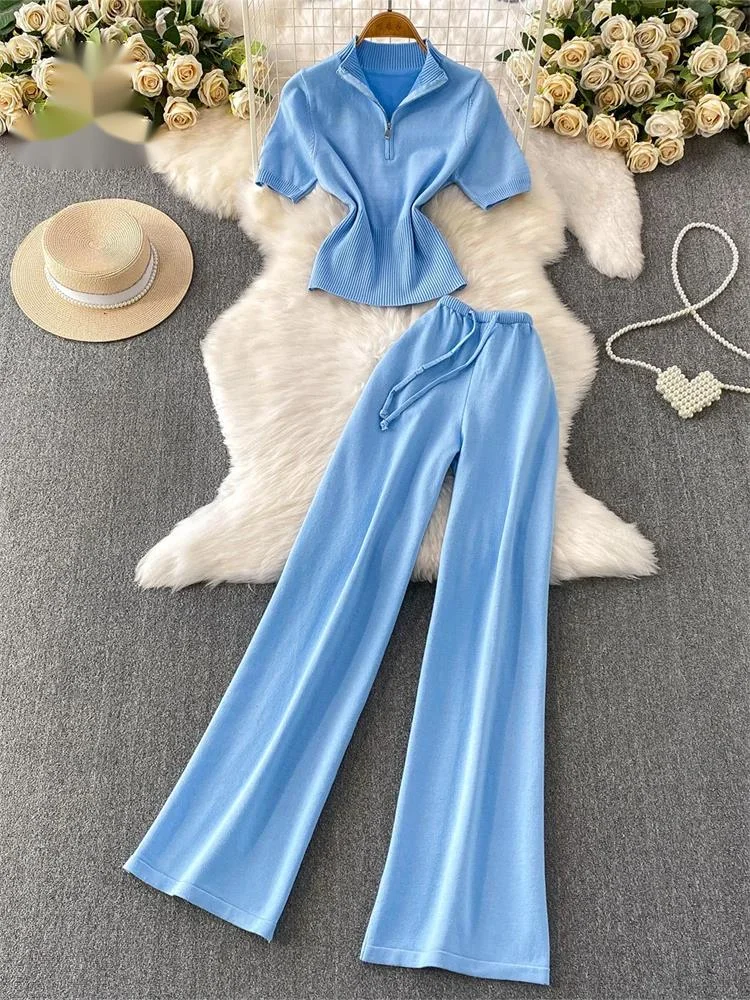 

Летний деловой костюм для офиса: топ на молнии и брюки с широкими штанинами на завязках, женский, вязаный, повседневный комплект из 2 предметов