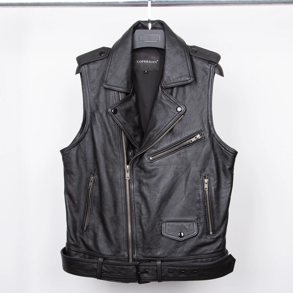 Sping 2022 and Autumn Men's Black Biker's Style high quality Cowhide Leather Motorcycle Fashion Vest Asymmetrical Zipper Coat