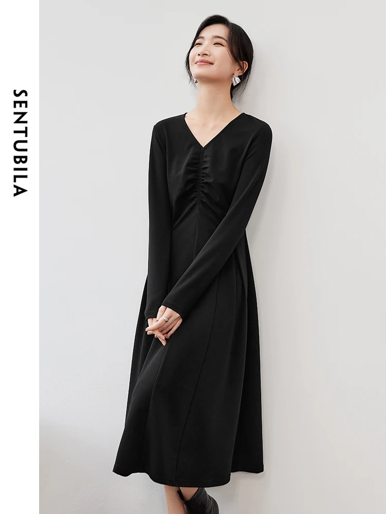 SENTUBILA Retract Waist Knit Black Dress for Women 2024 Autumn Solid Slim Fit Shirring V Neck Long Sleeve Women Dress 143L56478