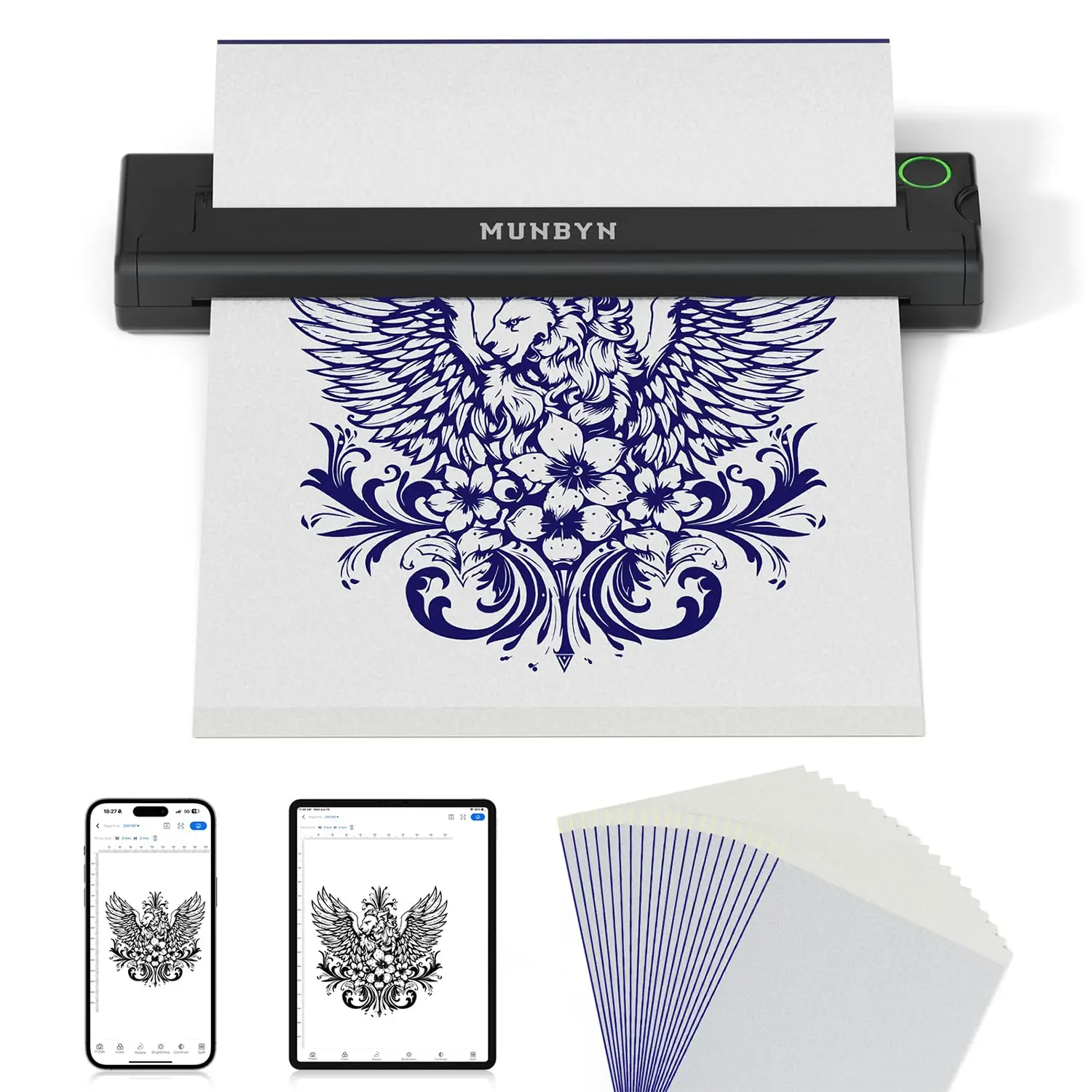 Wireless Tattoo Stencil Printer with 20 Transfer Papers, Compatible with Android, iOS & PC for Artists and Beginners