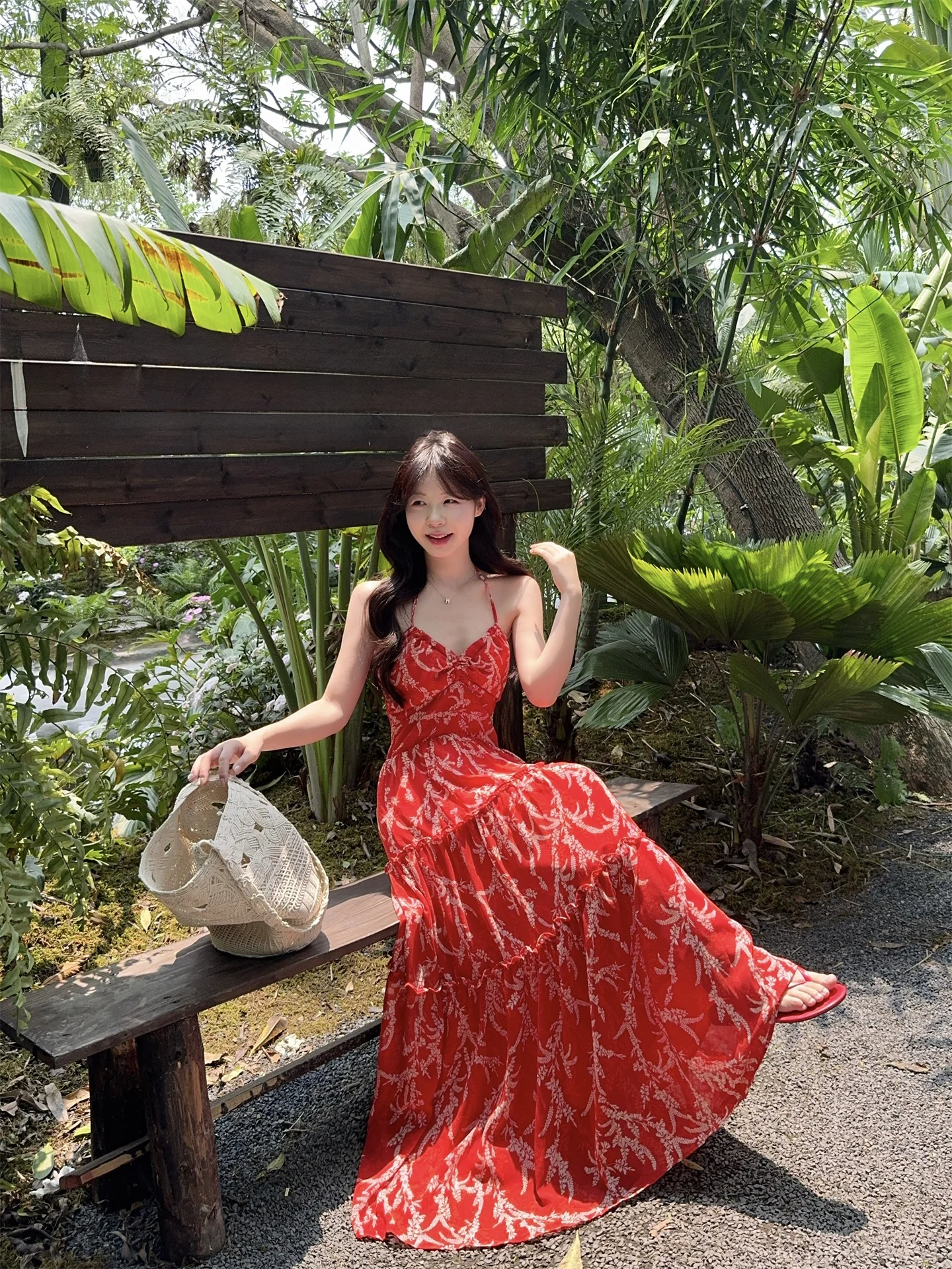 Red Floral Print Halter Dress Women's Summer New Style Age-Defying Waist-Cinching Loose Long Skirt Vacation Vibes A-line Dress