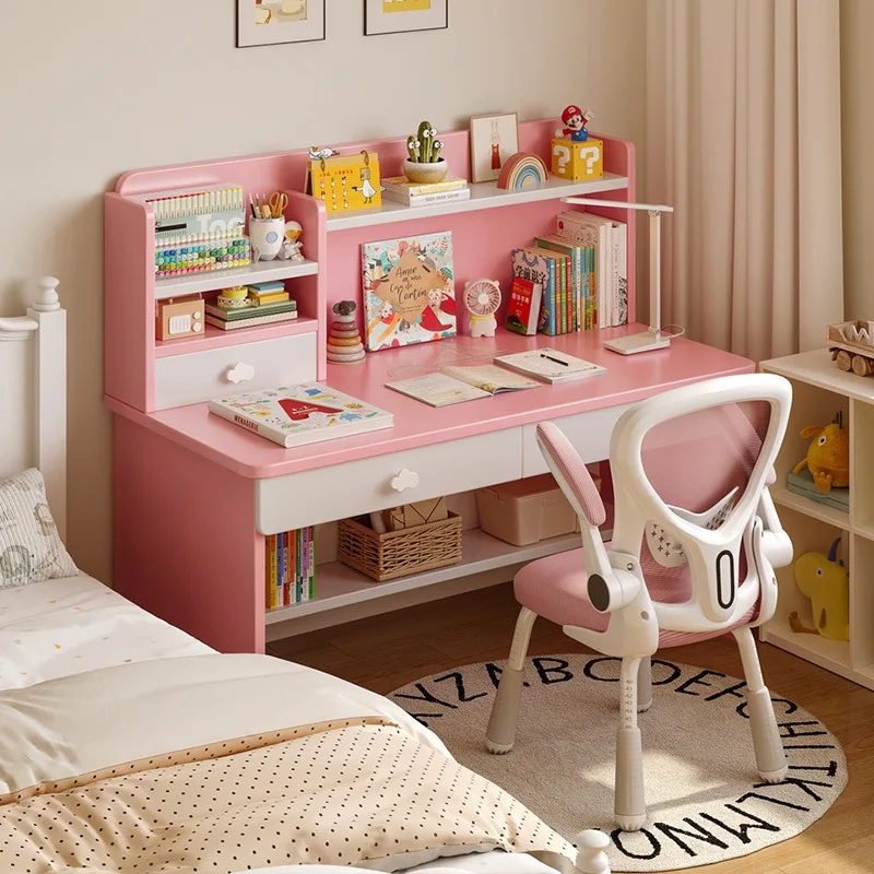 Wooden Desk Bookshelf Integrated Study Table for Primary School Students Home Bedroom Writing Table and Chair Set for Girls