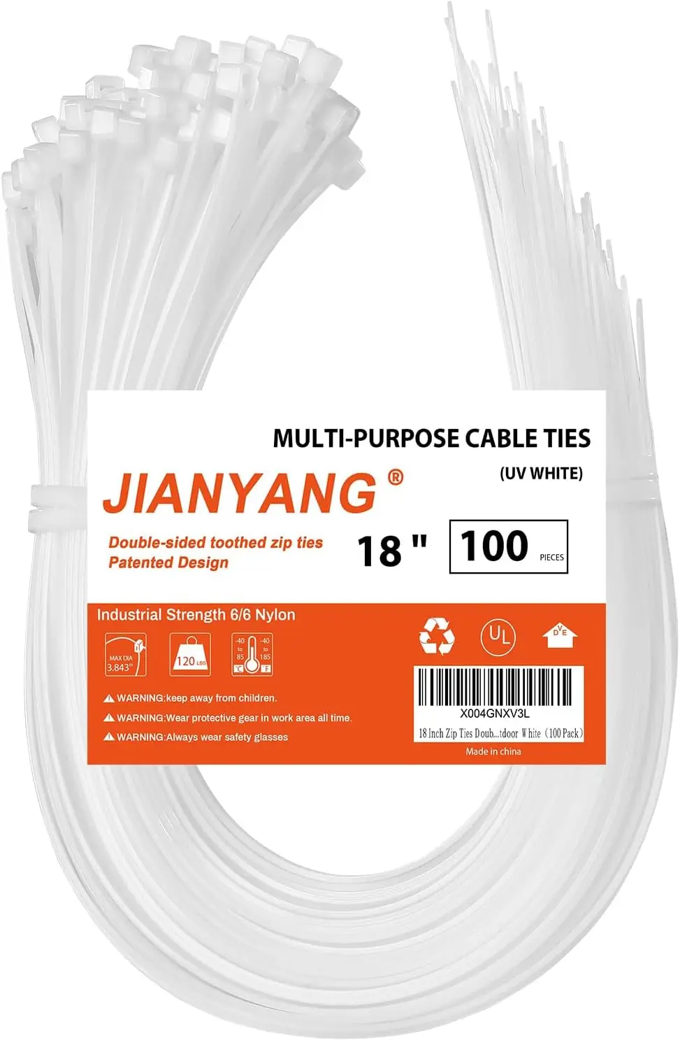 

18 Inch Zip Ties Double Sided Toothed, 120 LBS Heavy Duty Cable Ties with Self-Locking Nylon Tie Wraps for Indoor Outdoor White