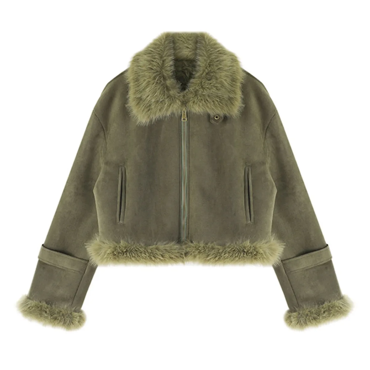 

Women Coats Short Jackets Solid Zipper Pocket Fur Turn Down Collar Long Sleeve Loose Fit Casual Office Lady 2025 Autumn Winter