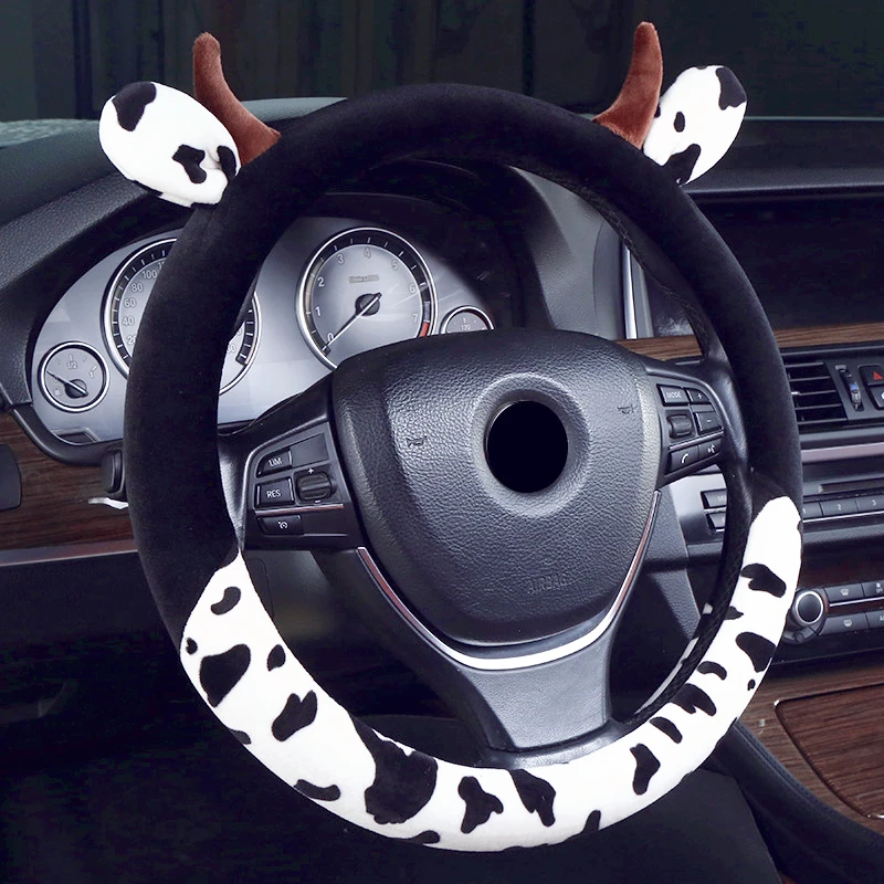 

General Plush Car Steering Wheel Cover Creative Cute Cartoon Cow Car Glove Interior Accessories 38CM Wheel Cover