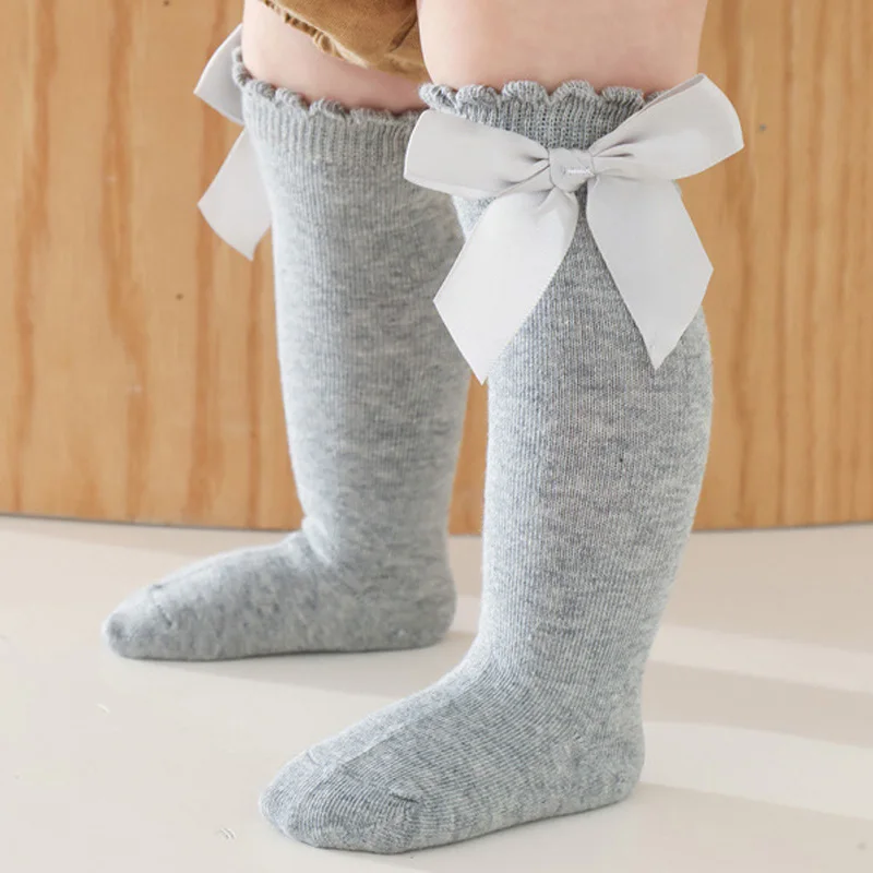 Baby Girl Knee High Socks Big Bow Toddler Kids Tall Long Cotton Tube Sock Blank Solid Color Child Casual Bowknot Style 0-5 Years