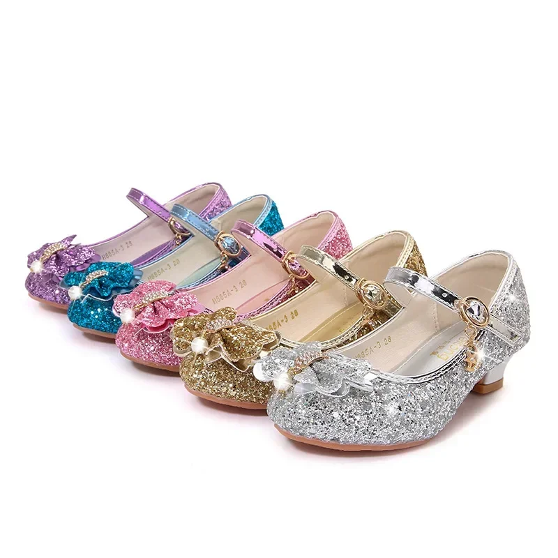 Girls Princess Bowknot Leather Shoes Fashion Girls Party Dance Shoes Kids Diamond High Heel Children Girl Dance Glitter Shoes