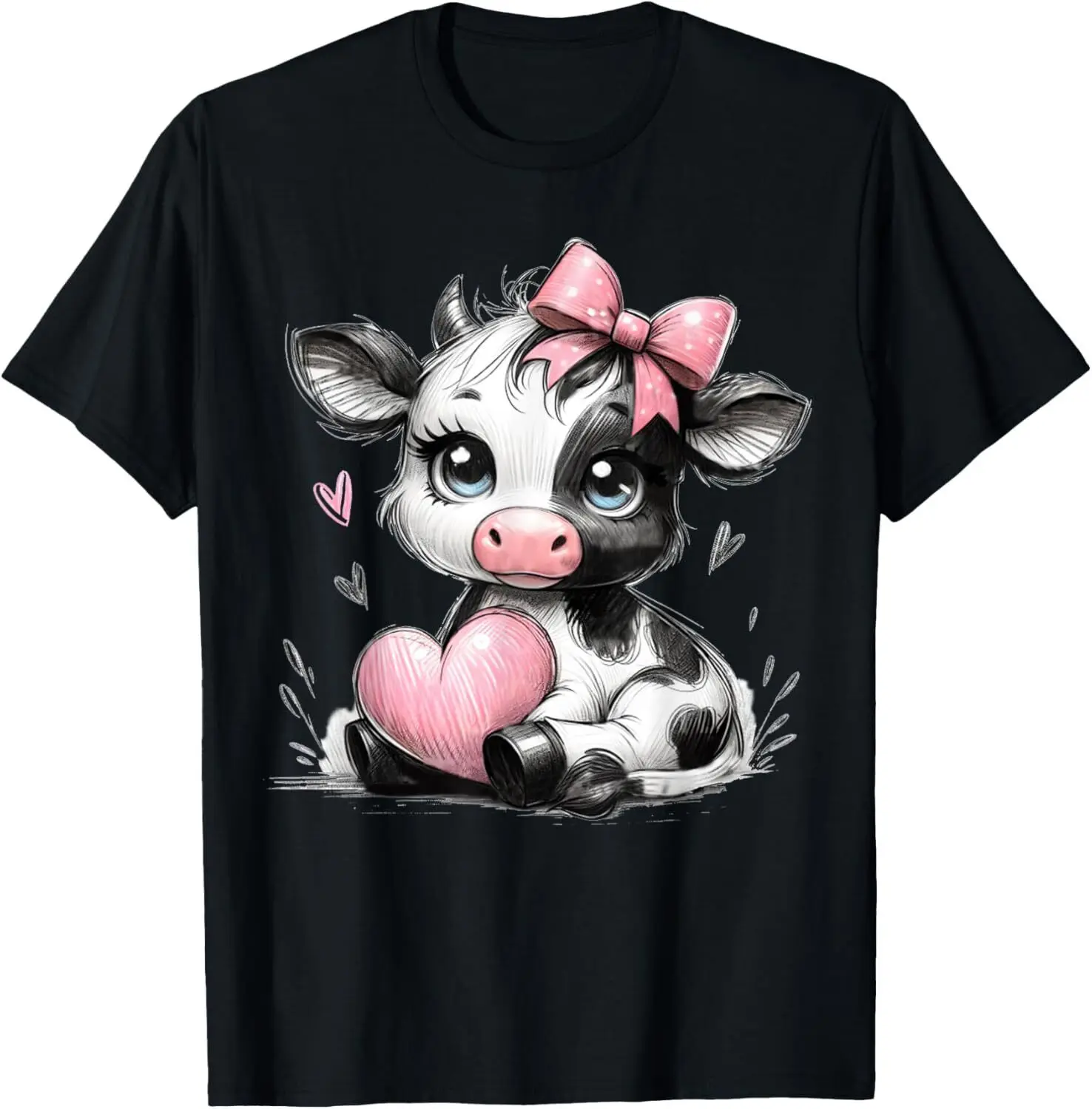 Awesome Black & White Cow Holding Heart Pink Coquette Bow T-Shirt