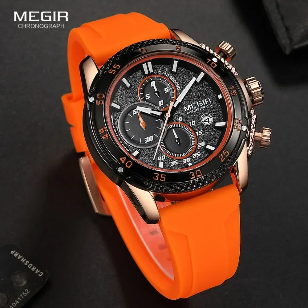 MEGIR Orange Quartz Watches Men Fashion Chronograph Quartz Military Sport Wristwatch with Silicone Strap Date Luminous Hand 2211