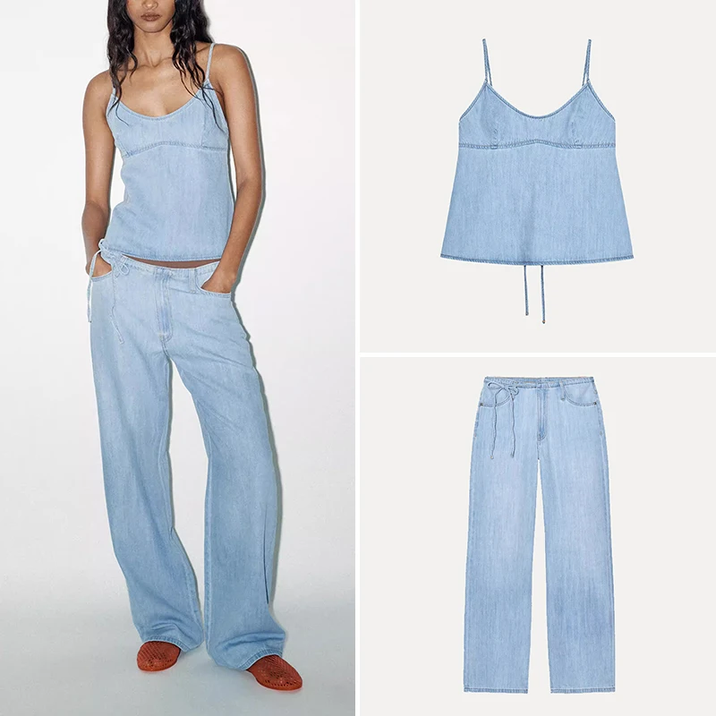 

Лето 20220. Женский джинсовый топ с Sa Knot и брюки круглого цвета. Длинные брюки Ne ort Sve Комплект из полиэфирного волокна.