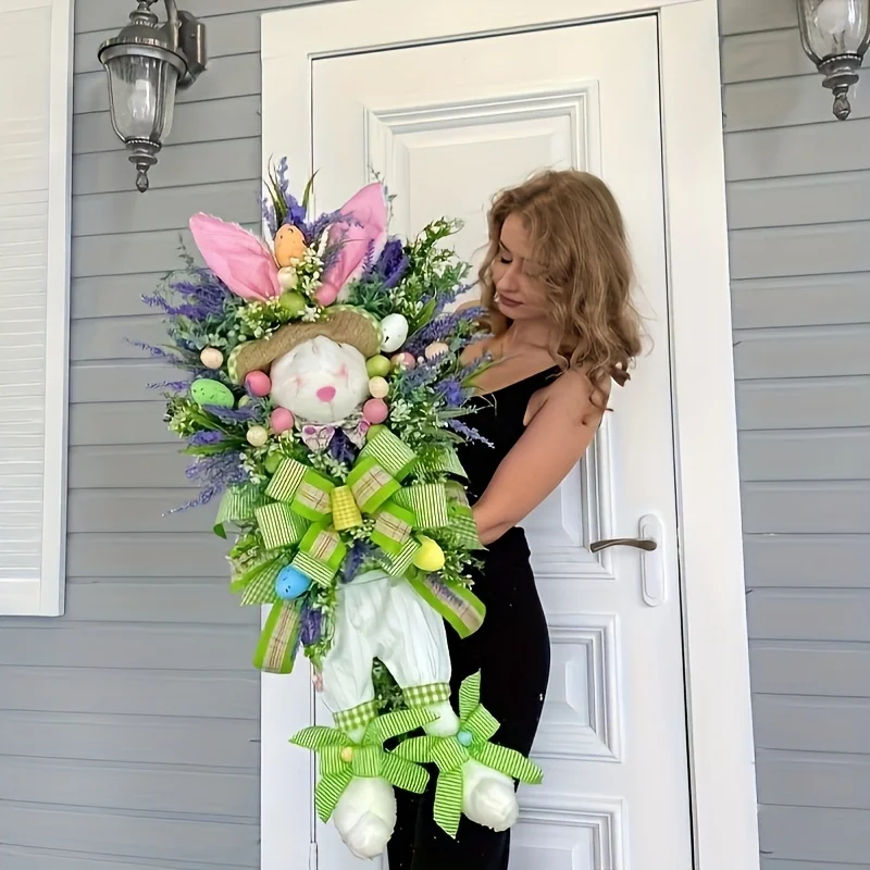 Flat Bunny Wreath with Eggs & Flowers. For Easter, Spring, Mother's Day & Christmas. No Electricity, Durable Decor.