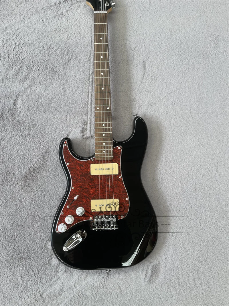 Left Hand Electric Guitar Black Guitar P90 Pickups Red Tortoiseshell Pickguard Maple Neck Fixed Bridge