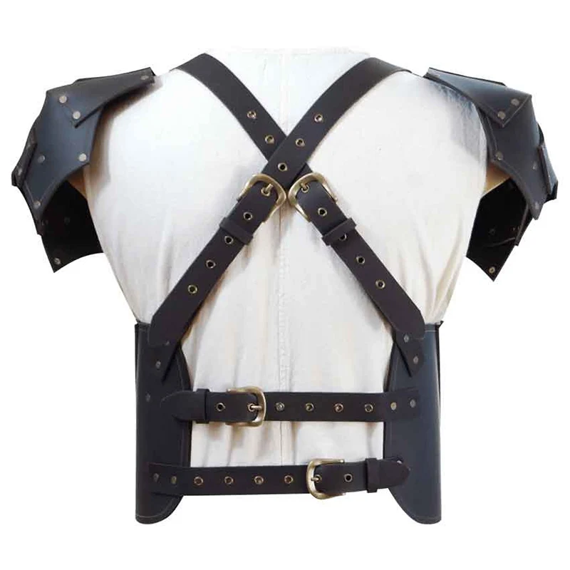 Disfraz de Cosplay vikingo Medieval gótico para hombre, armadura de pecho y hombro, caballero, Guerrero, Gladiador, arnés de cuero PU, Tops, accesorio para LARP