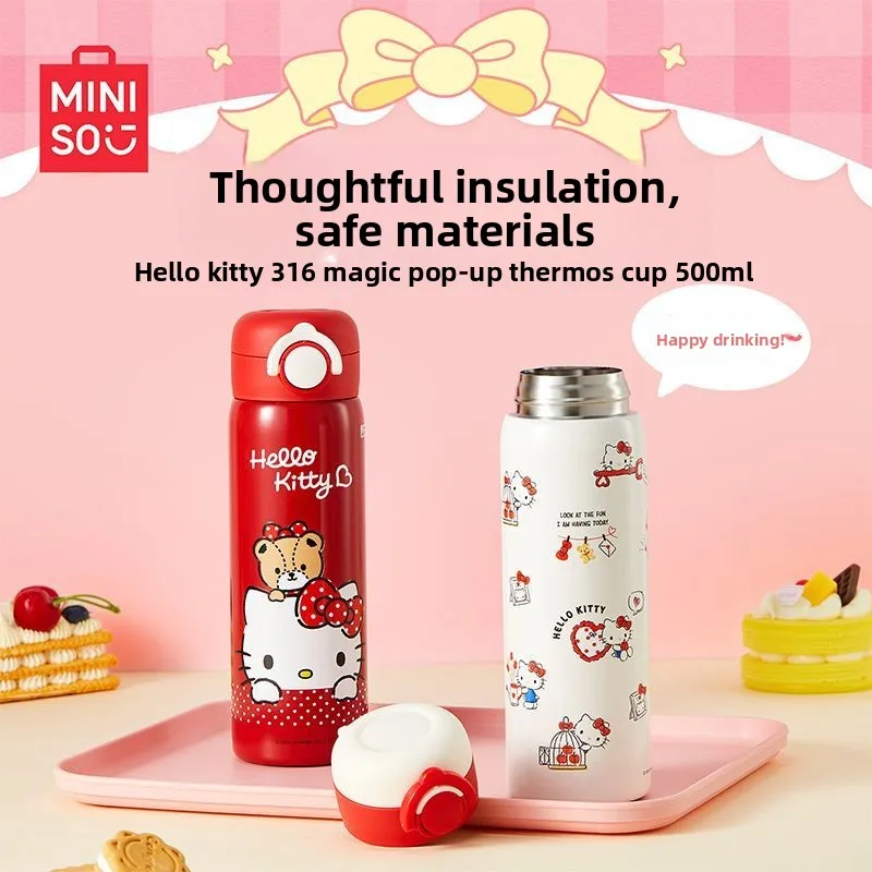 

MINISO Hello Kitty Tumbler 500 мл, термокружка из нержавеющей стали 316, с крышкой-кнопкой, милая изолированная дорожная чашка