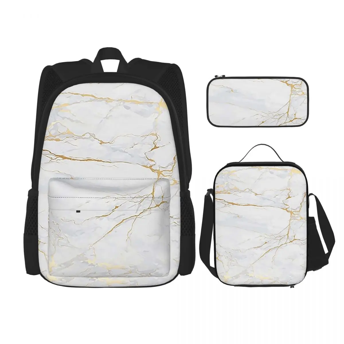 

White And Gold Marbl Backpacks Boys Girls Bookbag Children School Bags Kids Rucksack Lunch Bag Pen Bag Three-Piece Set