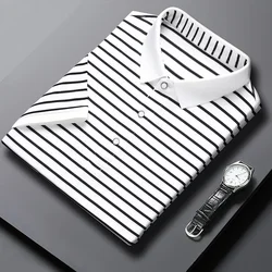 2024 Men's New Striped Cotton Business Casual Short Sleeved POLO Shirt Fashion Short Sleeved Comfortable and Breathable Top