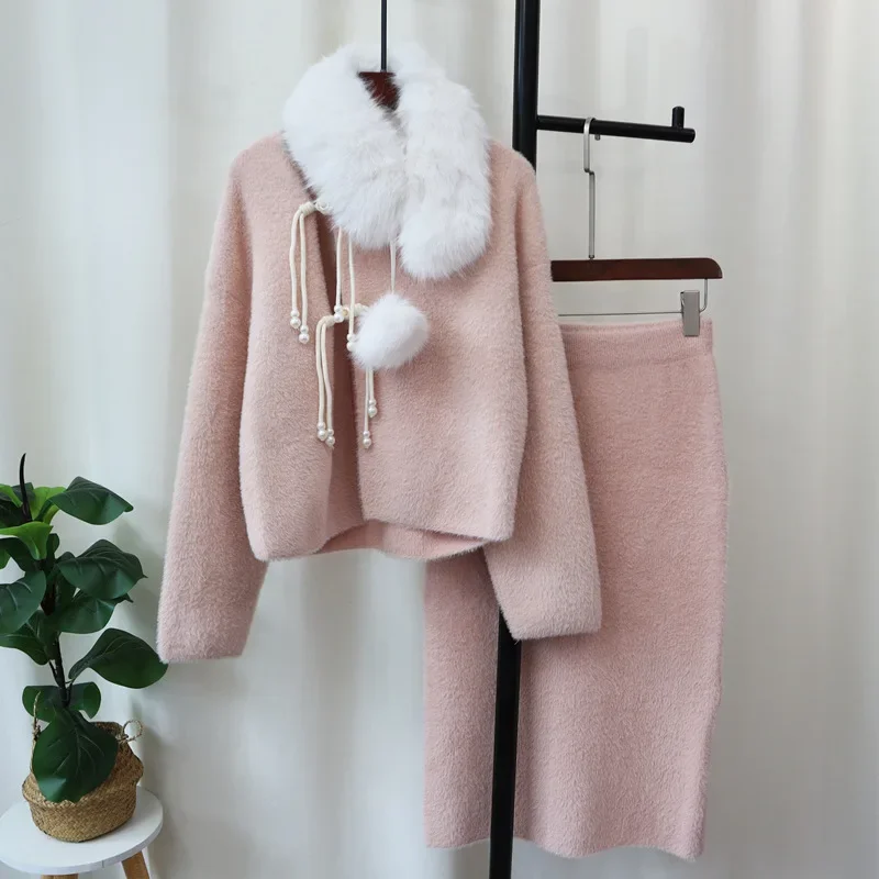 2024 Women Cute Sweater Fur Cardigan Dress Sets Kintted Button Loose Spring Autumn Vintage Winter Elegant Streetwear Y2k Jumper