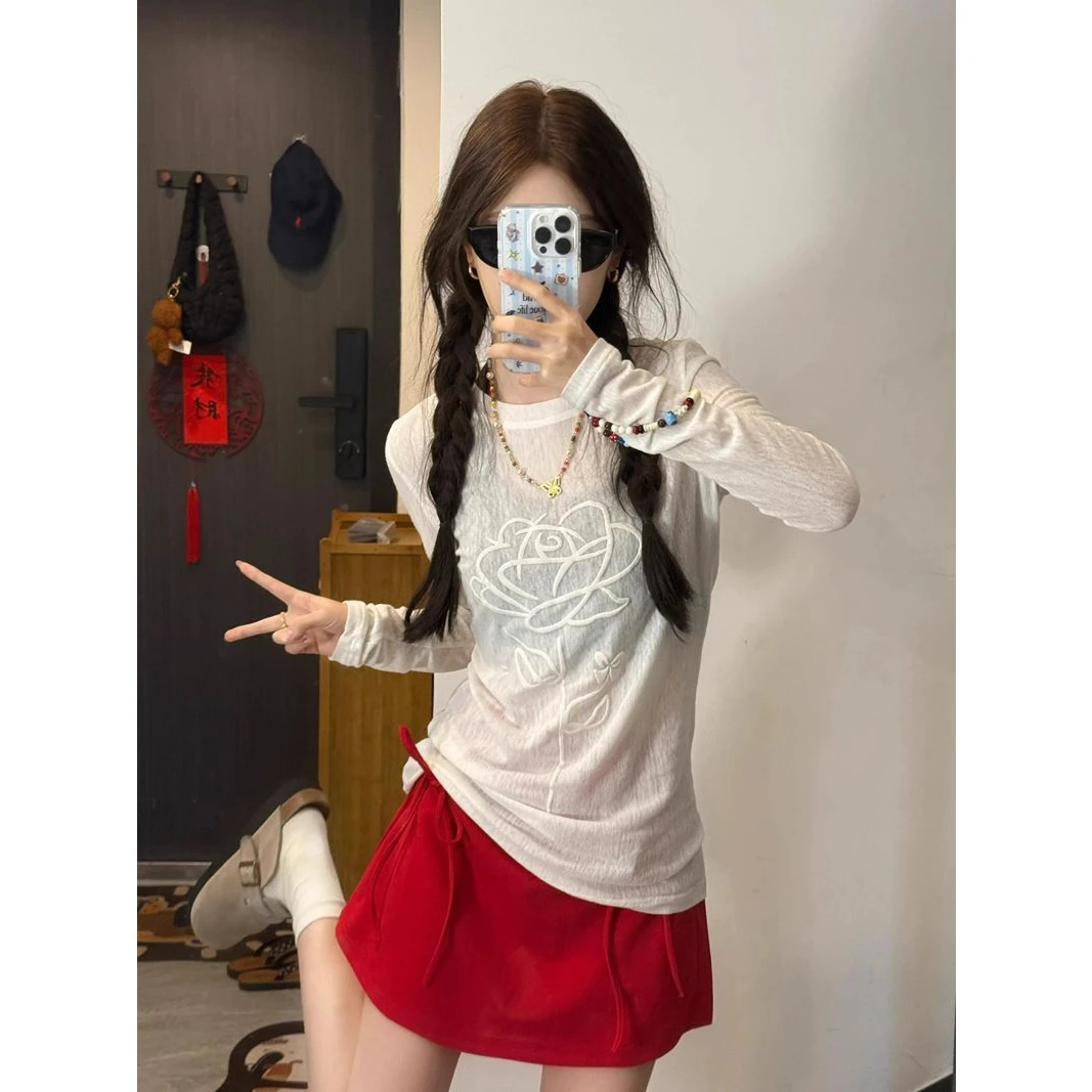 Korean Style Women's Light Thin Long Sleeve White Sun Protection Knitted Shirt Micro Transparent Slim Fit T-shirt Summer Top