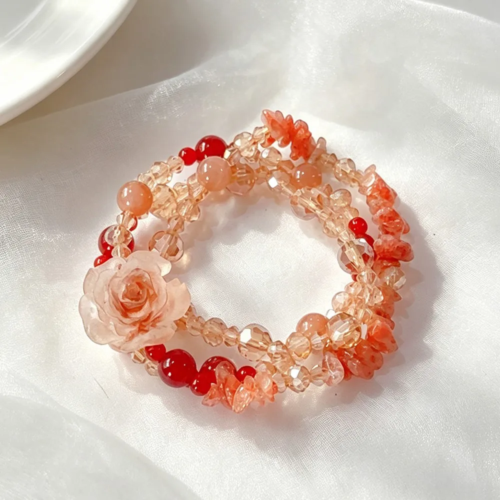 Natural Orange & Gold Sunstone Crushed Stone Single/Multi-Wrap Crystal Bracelet, Elaborate Resin Camellia Beaded Handmade Gift