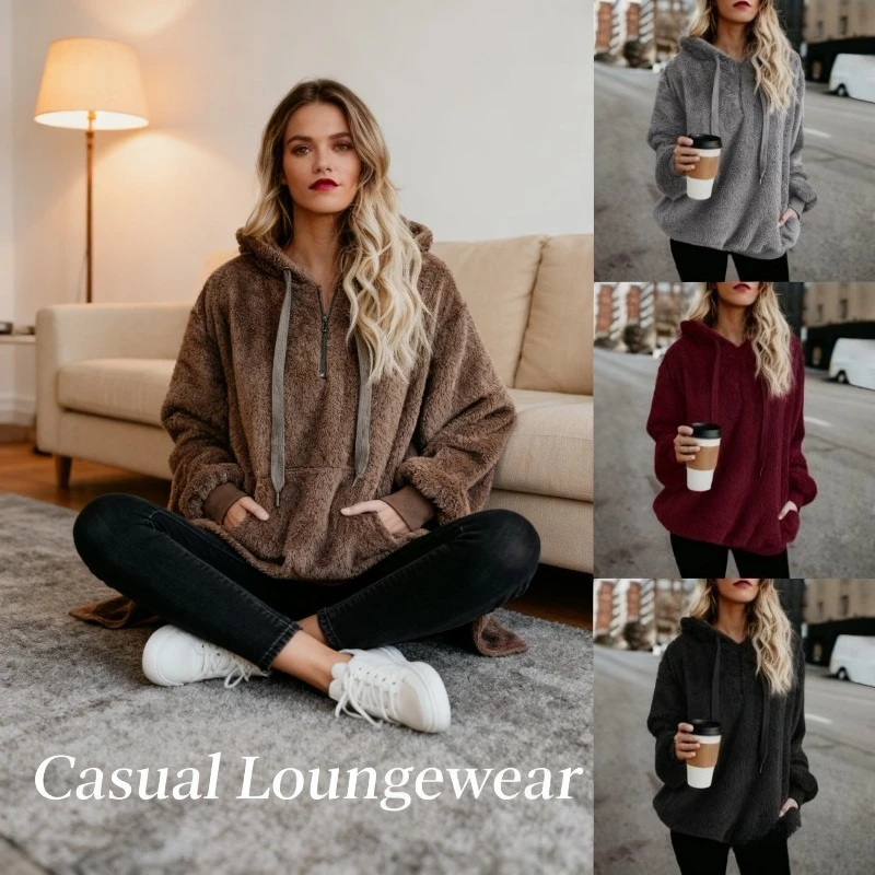 

2026 Новая разноцветная однотонная женская флисовая куртка с капюшоном и карманом на шнурке