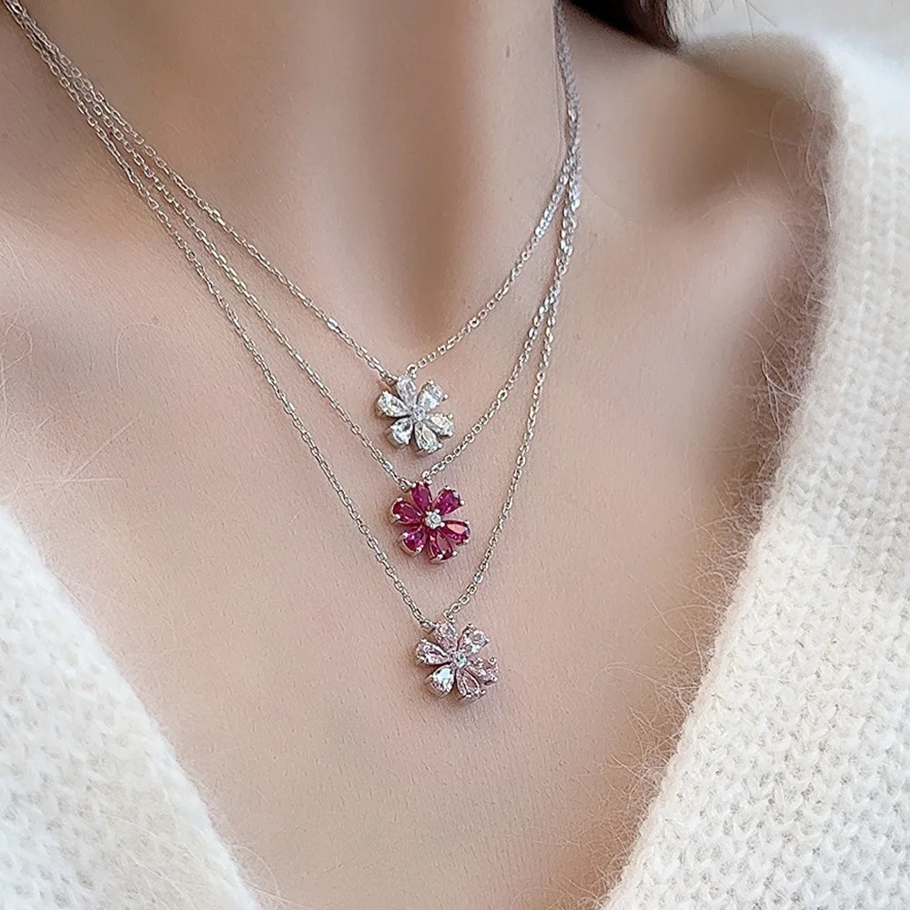 

Factory Direct S925 Sterling Silver HW Women's Three-Color Water Drop Petal Pendant Necklace Six-Petal Fine Pendant Necklaces