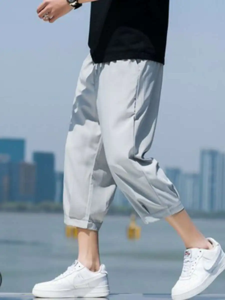 

Шелковистые тонкие летние повседневные брюки, свободные прямые спортивные штаны для мужчин больших размеров, модные модные семифутовые брюки для мальчиков