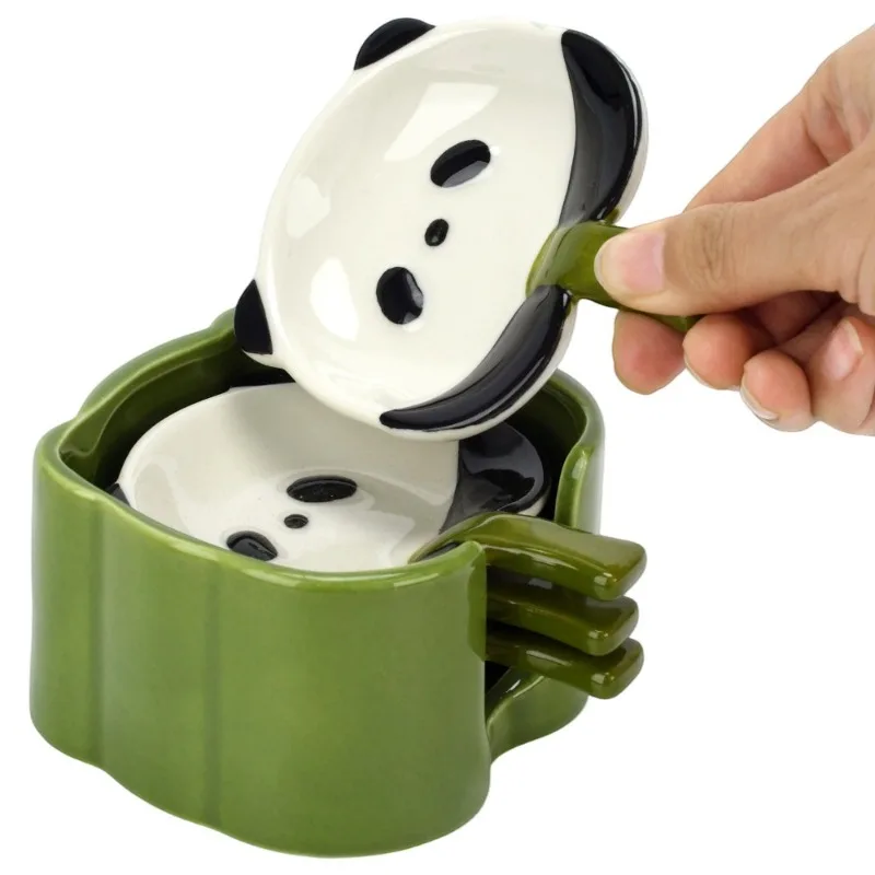 1Set Cute Panda Ceramic Dipping Bowls Set of 4 with Bamboo-Shaped Holder, Novelty Mini Sauce Bowls, 3.7x3.3 Inch Each (Panda Bowls 4 Pack)