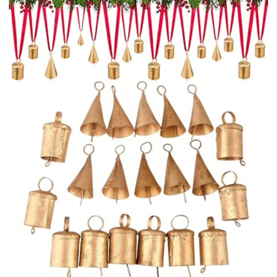 

Set of 20 Christmas Bells for Decoration - Small Jingle Bells Witch Bells and Indian Tin Bells for Rustic Chimes and Christmas