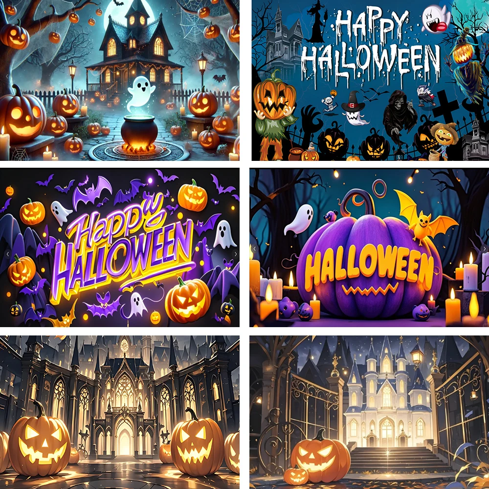 

Enchanted Halloween theme Horror Castle Pumpkin Lantern bat Witch Party Decorations Supplies Photography Background Child Gifts