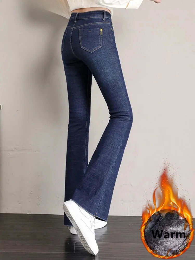 

Vintage Plush Lined Flare Jeans Winter Warm Casual Skinny Vaqueros Thicken Stretch Denim Pants High Waist Women's Bell-bottoms