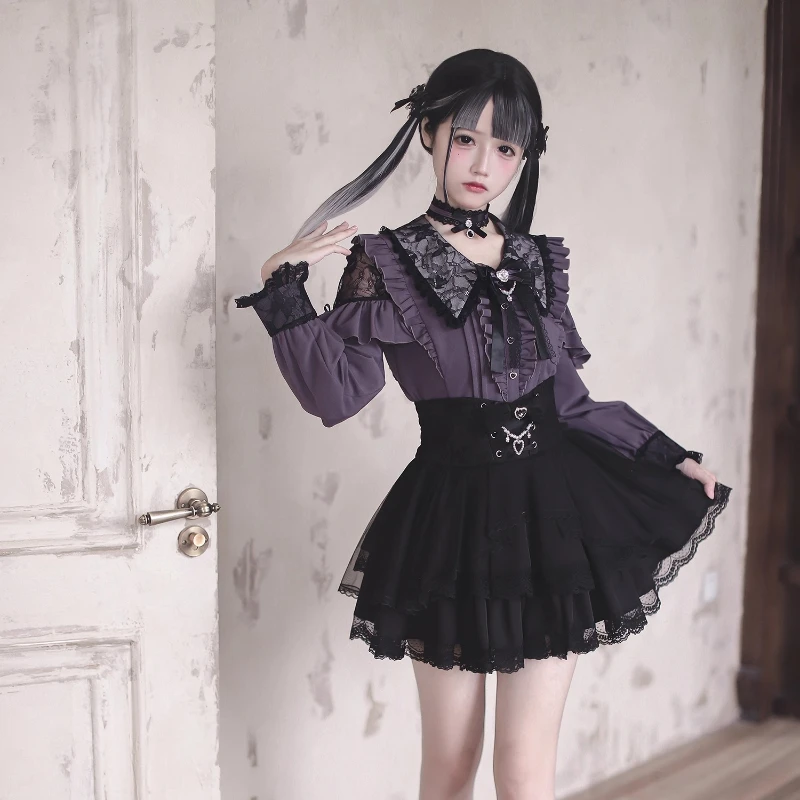 2026 Japanese Kawaii Lolita Skirt Sets Women Sweet Lace Off Shoulder Bow Blouse High Waist Mini Skirt Gothic Y2k JK Uniform Suit image 3
