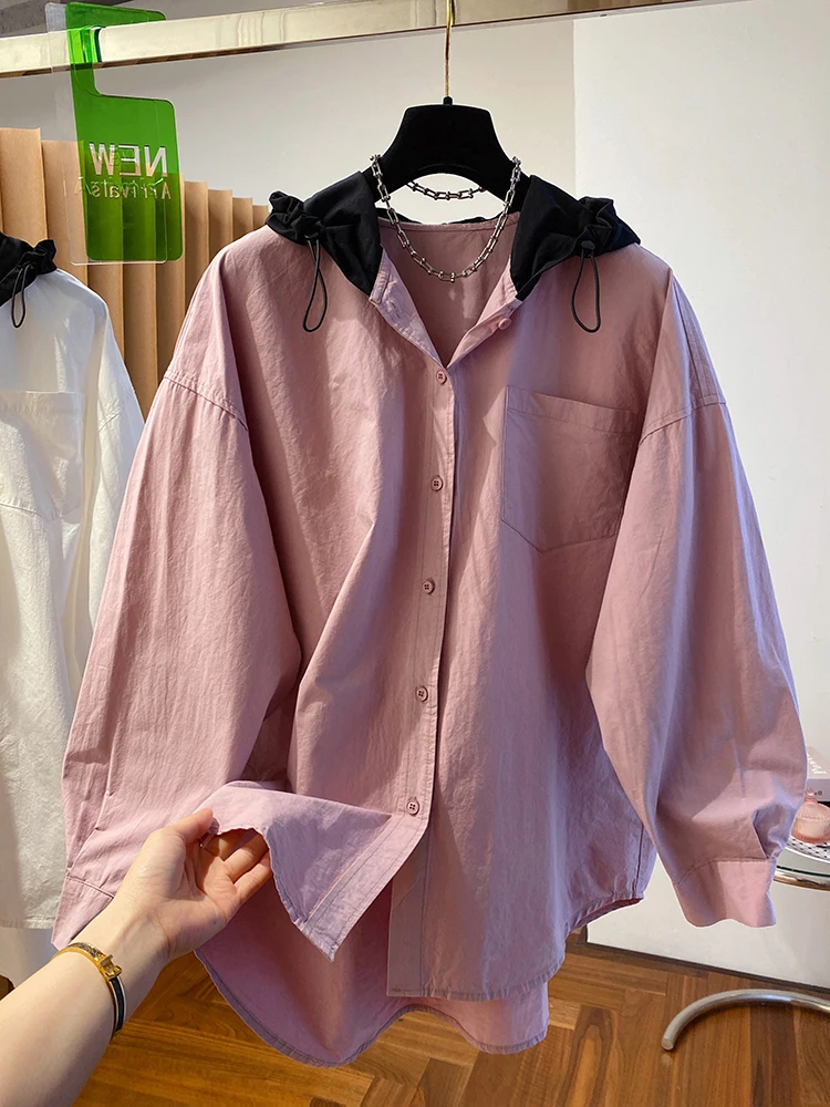 

Autumn New Design Sense Niche Shirt Hooded Patchwork Pink Shirt Women's Long Sleeved Loose Casual Tops Coat
