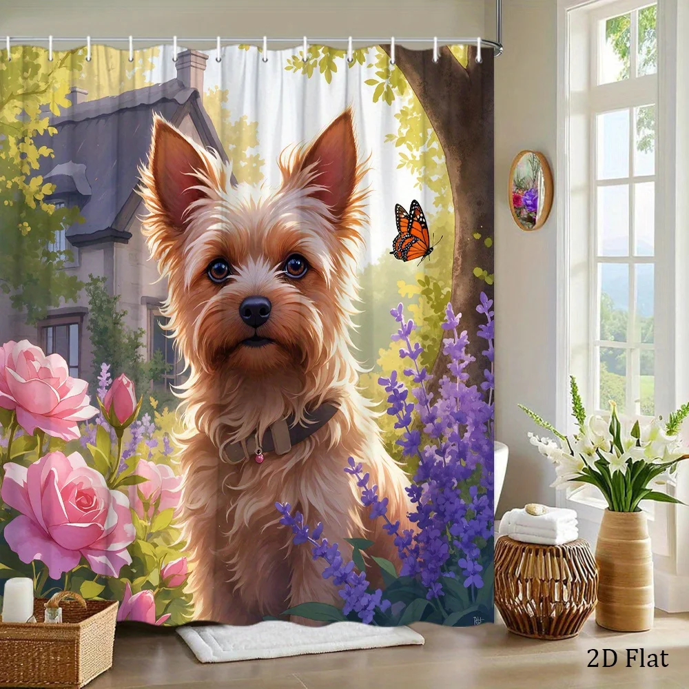 1pc a Yorkshire Terrier Shower Curtain Featuring a Floral Garden And Butterflies, Measuring 70.8 by 70.8 Inches, Complete with 1