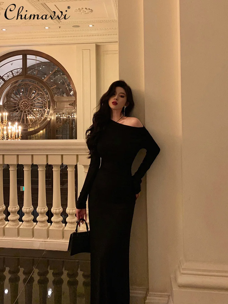 

French Temperament Hepburn Style Slanted Single Shoulder Long Sleeves High Waist Slim Fit Black Evening Long Dress Women Autumn