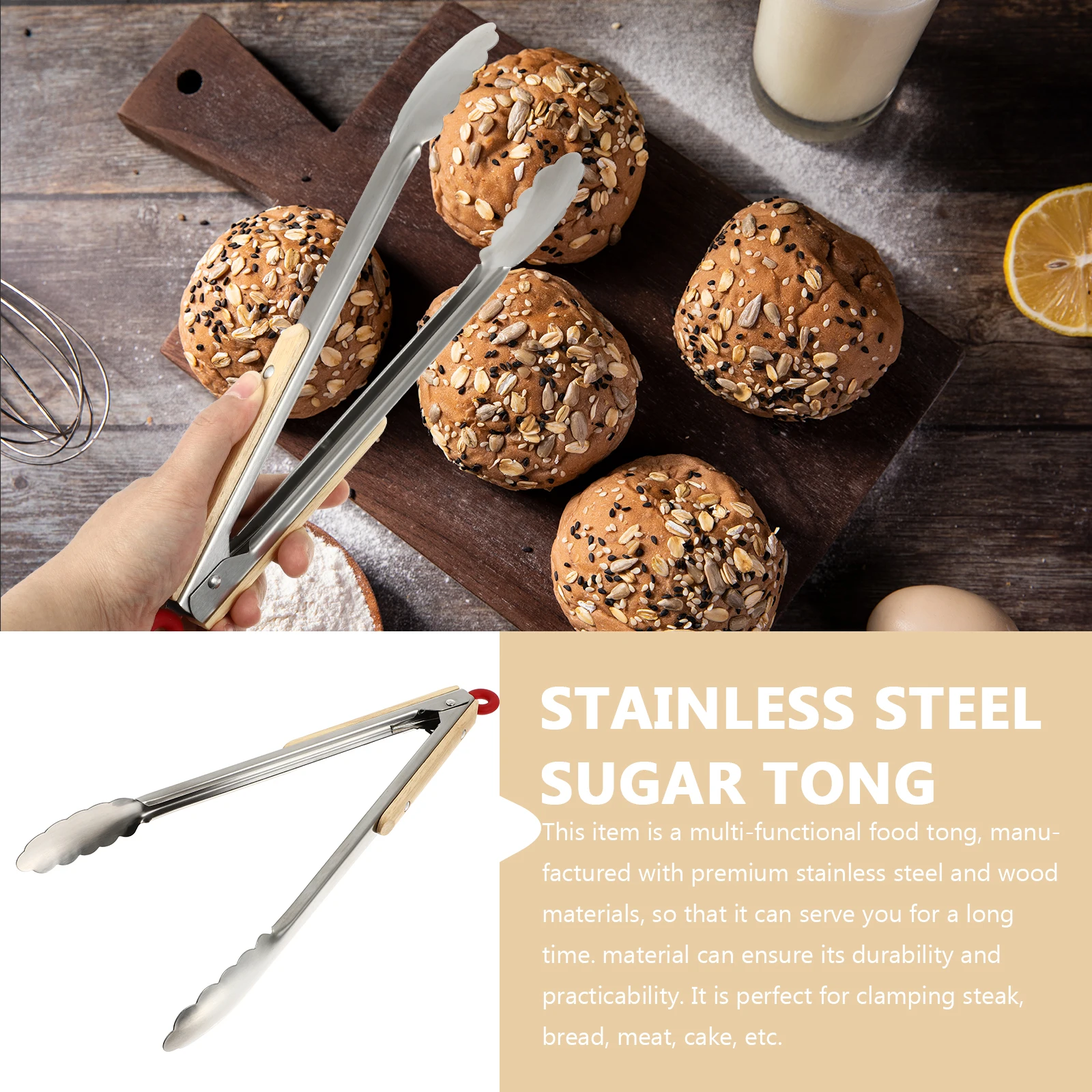 

1pc Stainless Steel Wooden Handle Bread Clamp Food Serving Tong Bbq Clip Multipurpose Clamp For Kitchen Outdoor Use Long