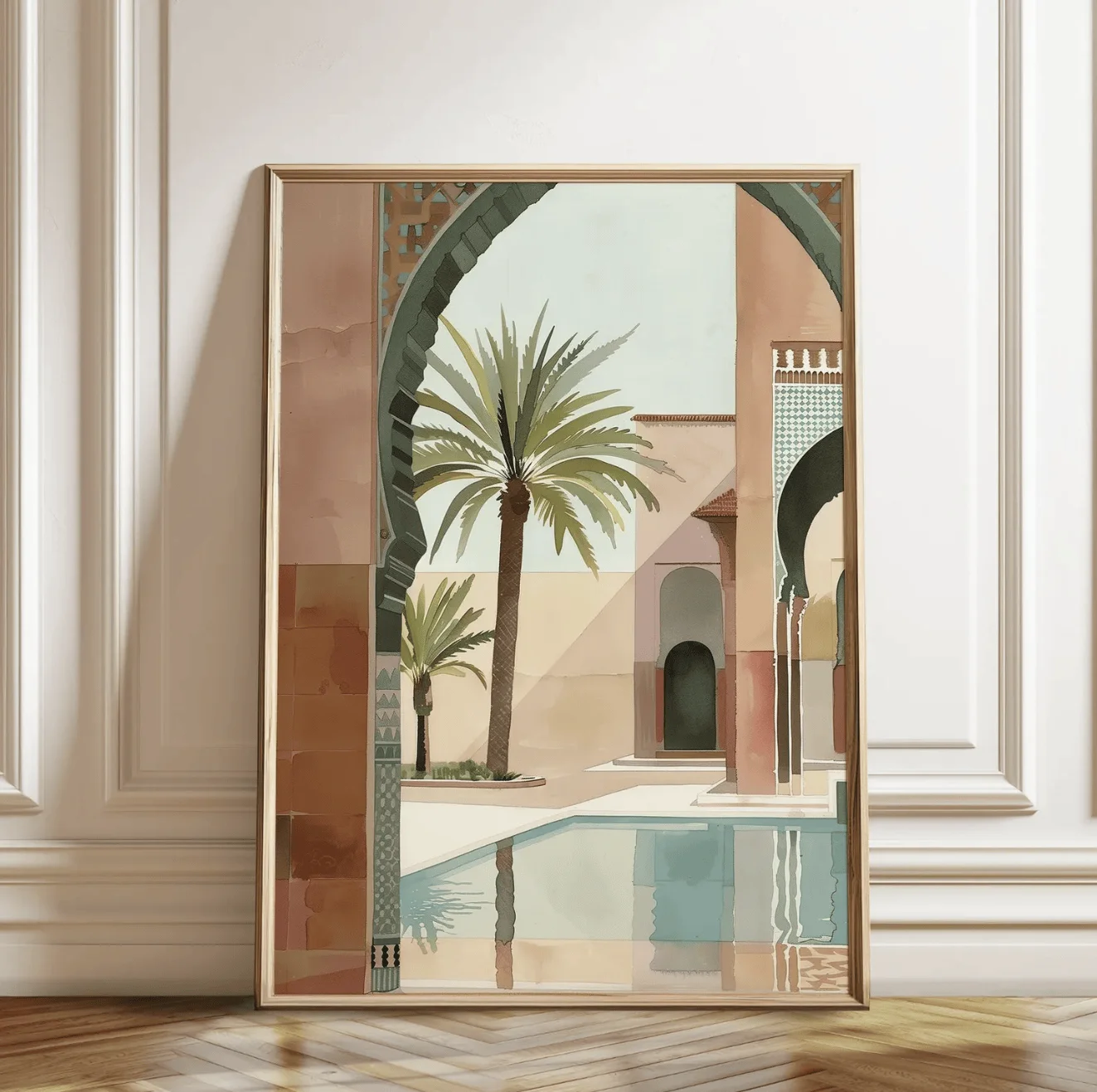 Moroccan Courtyard Palm Canvas Prints, Watercolor Arch Pool Poster, Mediterranean Wall Art for Living Room Bedroom Home Decor