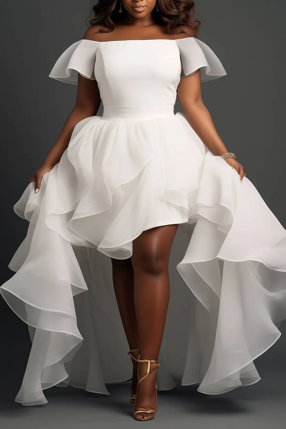 

Plus Size Wedding Guest White Off The Shoulder Cap Sleeve Ruffle Asymmetric Hem Tulle Mini Dresses