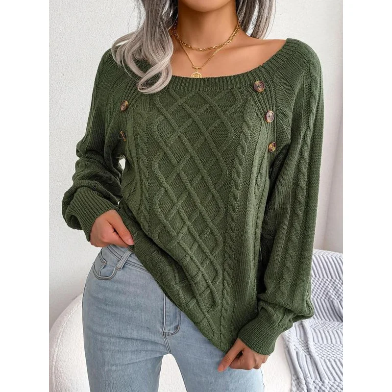 Suéter redondo de manga raglán con botones falsos y textura sólida para mujer para primavera, jersey informal de punto de manga larga redondo Ne, otoño