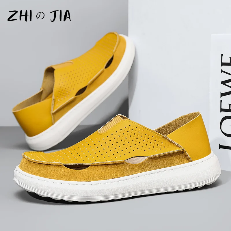 Summer Hollow Casual Sandals Fashion Small Leather Shoes Slip On Men's Shoes Breathable and Comfortable Flat Top Large Footwear
