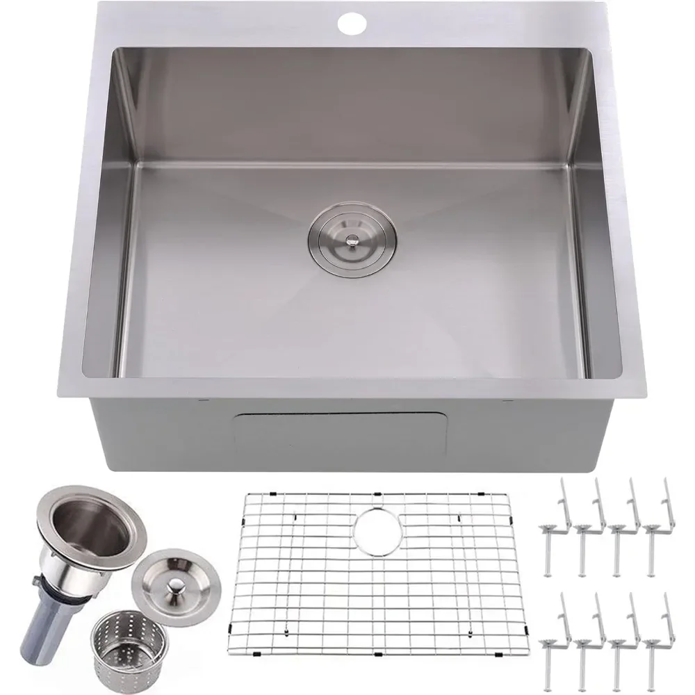 

A 25 x 22 Inch Drop In Kitchen Sink, Topmount Stainless Steel Brushed Nickel Single Bowl Kitchen Sink Extra-thick 16 Gauge