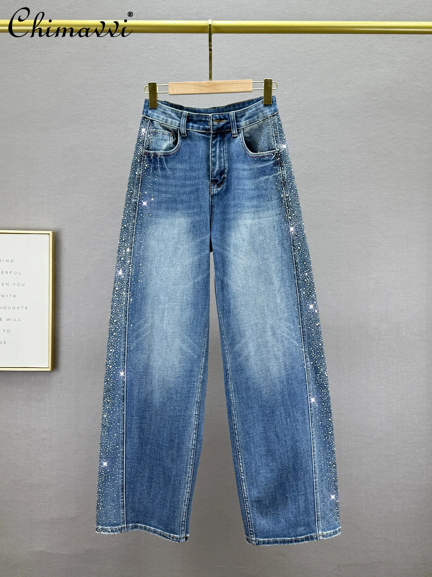 

Fashion Scimitar Jeans for Women Baggy Pants 2026 Spring New High Waist Loose Slim European Style Heavy Rhinestone Long Pants