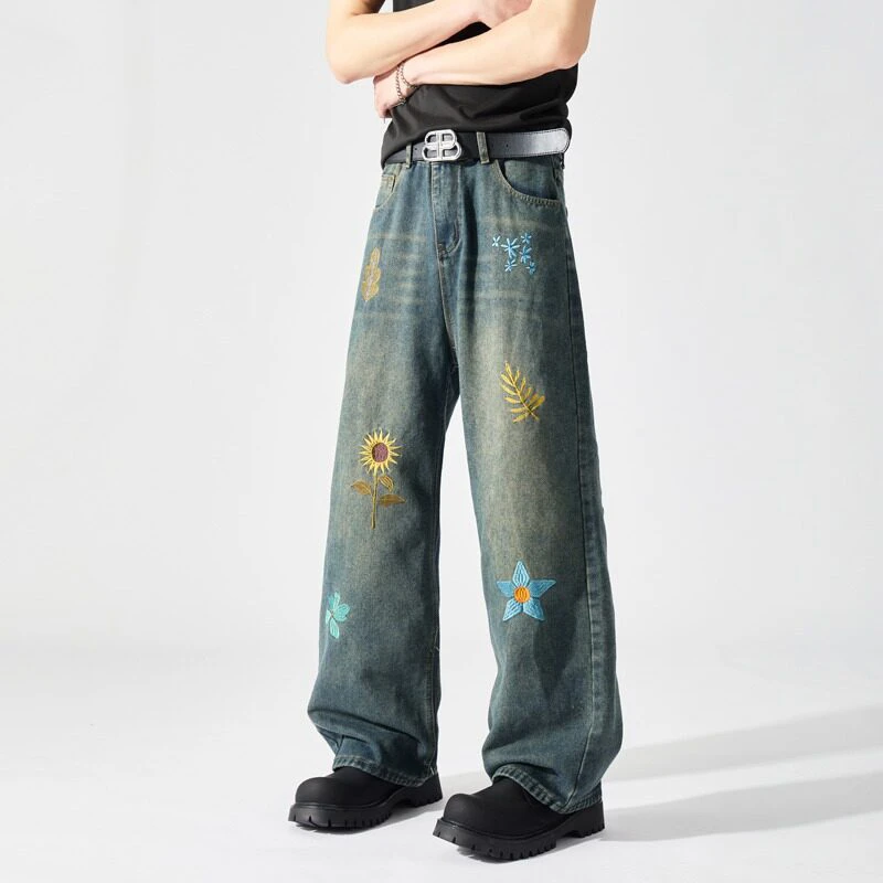 Whth nova moda masculina bordado lavagem reta solta calças jeans na moda verão casual de cintura alta perna larga jeans masculino 2a0190