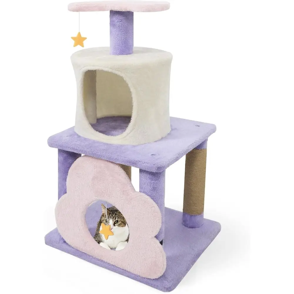 

Многоуровневая кошачья лежанка-башня 31,5 дюйма с джутовой когтеточкой, домиком, лежанкой, игрушками и элементами в виде облаков, розово-белая