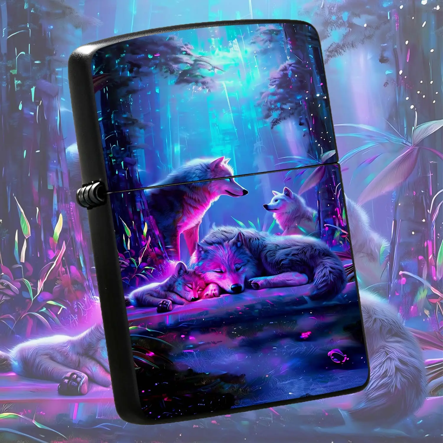 Fantasy Neon Forest Wolf Family Pattern Lighter, Stylish Portable Accessory For Daily Use, Outdoor Camping, Gifting, Vivid Psychedelic Wolf Pack Design, Ideal Unique Present For Nature Lovers And Art Enthusiasts For All A Humorous And Inter