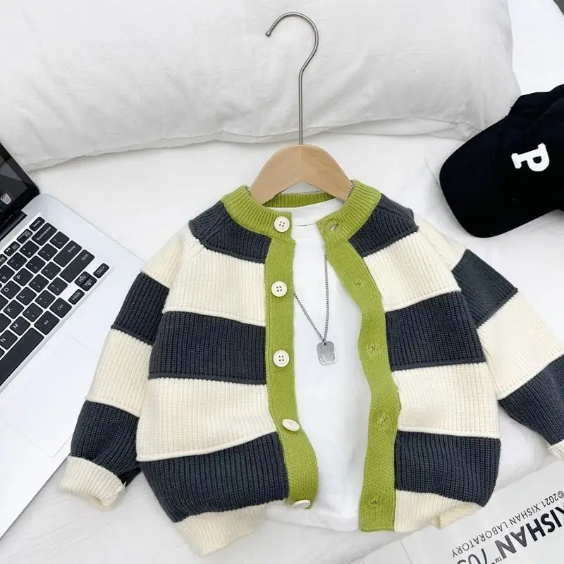 2024 Autumn Girls Boys 1-10 Years Long Sleeve Thick Warm Stripe Knitting Cardigan