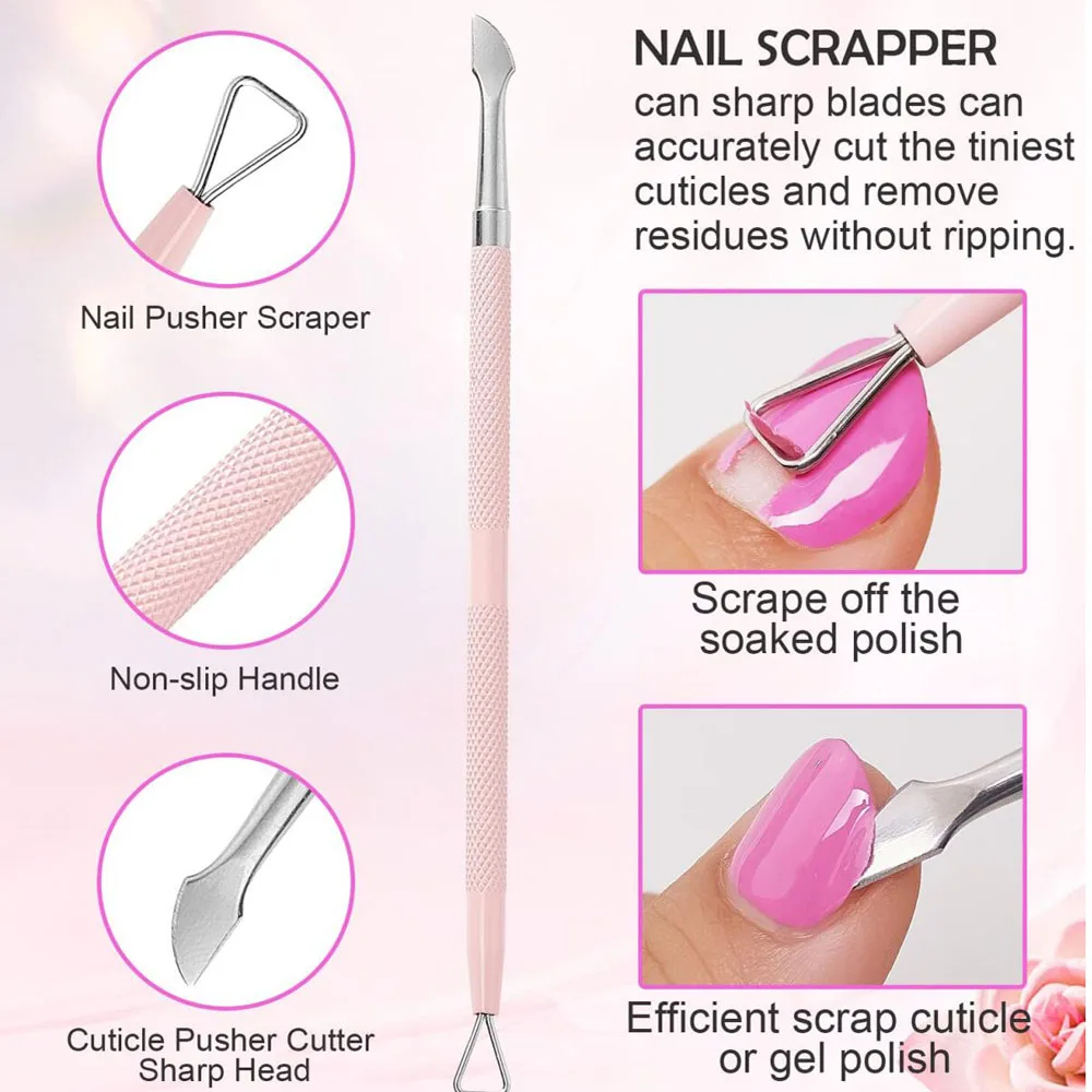Tagliacuticole rosa + Set spingipelle 1/2/3PC Pinza per cuticole per unghie a doppia estremità in acciaio inossidabile Professione Pedicure Strumento per manicure