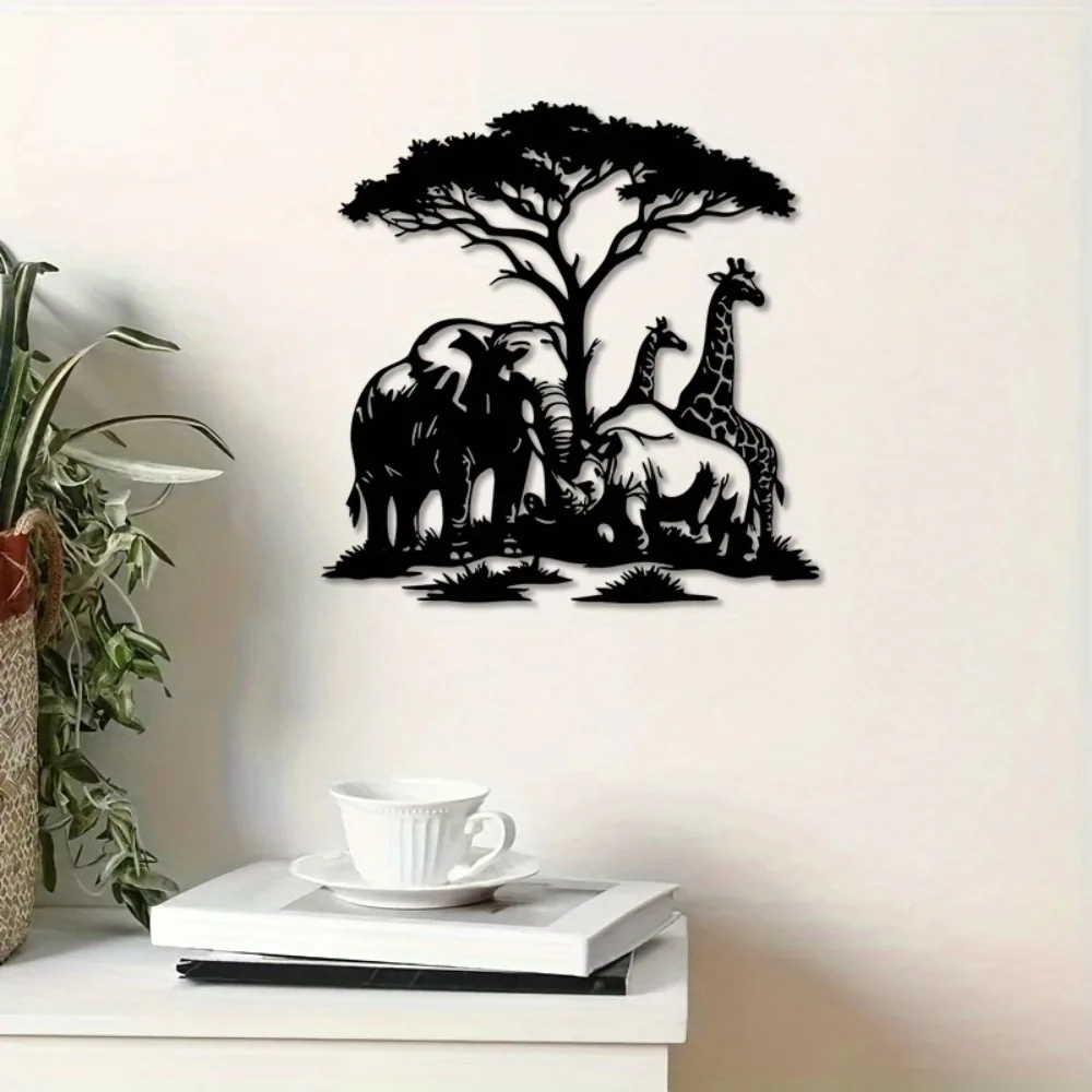 Wildlife Decor Art Sign Black Elephant Giraffe Zebra Metal Wall Sculpture for Home Living Room
