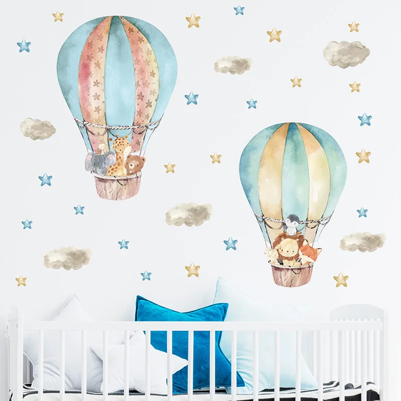 Watercolor Animals Hot Air Balloon Clouds Wall Stickers Blue Color for Kids Room Baby Nursery Room Wall Decals Boy Room Stickers